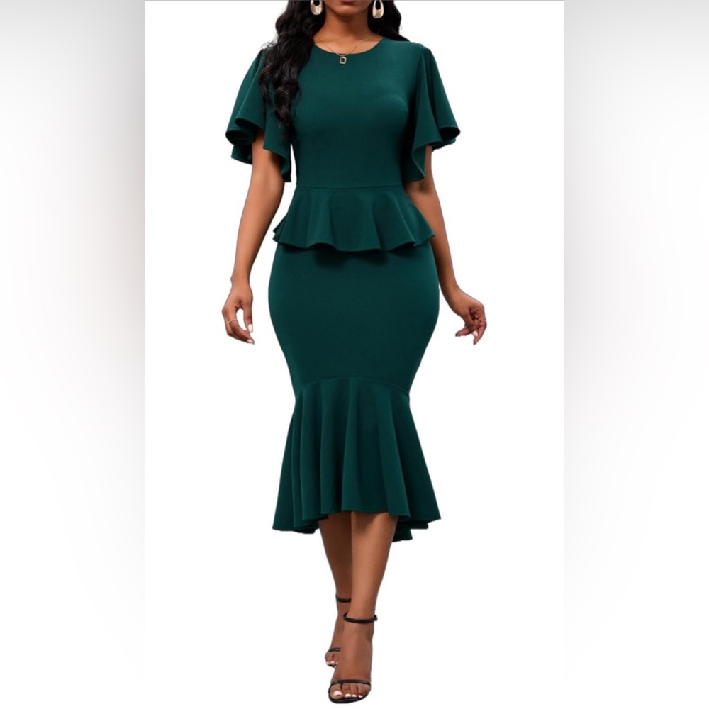 Ruffle Short Sleeve Fishtail Dress Peplum Midi Cocktail Mermaid Dresses Elegant